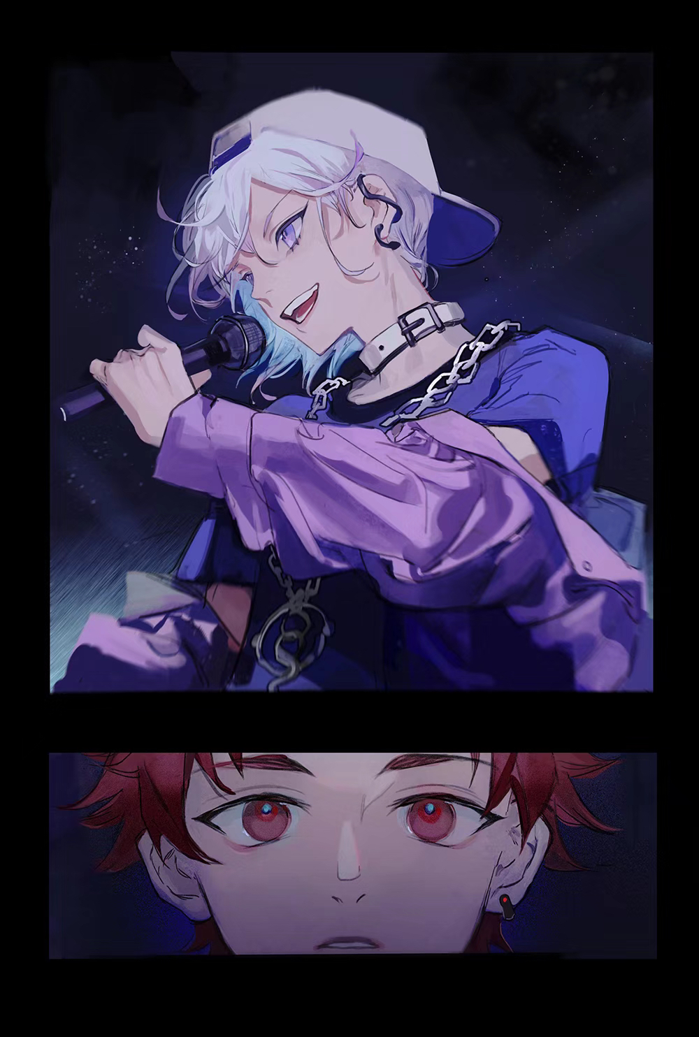 2boys blue_hair blue_shirt chain chain_necklace collar facing_to_the_side highres holding holding_microphone jacket jewelry light_blue_hair light_purple_hair male_focus microphone multicolored_hair multiple_boys necklace paradox_live parted_lips phantometal_(paradox_live) pota_(harmony) purple_eyes purple_jacket red_eyes red_hair shirt short_hair sugasano_allen teeth white_collar yatonokami_kanata