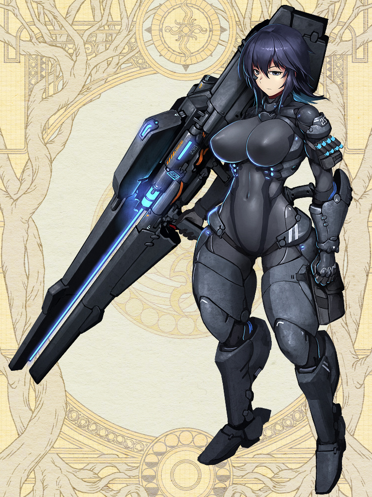 1girl arm_armor black_eyes black_hair bodysuit breasts closed_mouth dairoku_ryouhei directed-energy_weapon energy_cannon energy_gun energy_weapon full_body glowing glowing_gun glowing_gun_barrel grey_bodysuit hetza_(hellshock) holding holding_weapon large_breasts leg_armor medium_hair pouch science_fiction skin_tight solo standing weapon yellow_background