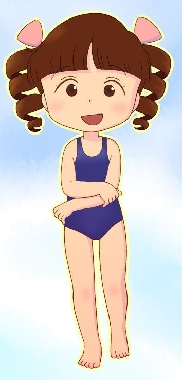 1girl :d bad_link bare_arms bare_legs barefoot blunt_bangs bow brown_eyes brown_hair chibi_maruko-chan crossed_arms drill_hair eyelashes hair_bow hair_ribbon jougasaki_himeko long_hair looking_at_viewer multiple_hair_bows no_sclera old_school_swimsuit open_mouth parted_bangs pink_bow pink_ribbon ribbon school_swimsuit smile solo standing swimsuit thighs twin_drills twintails yamanokonza