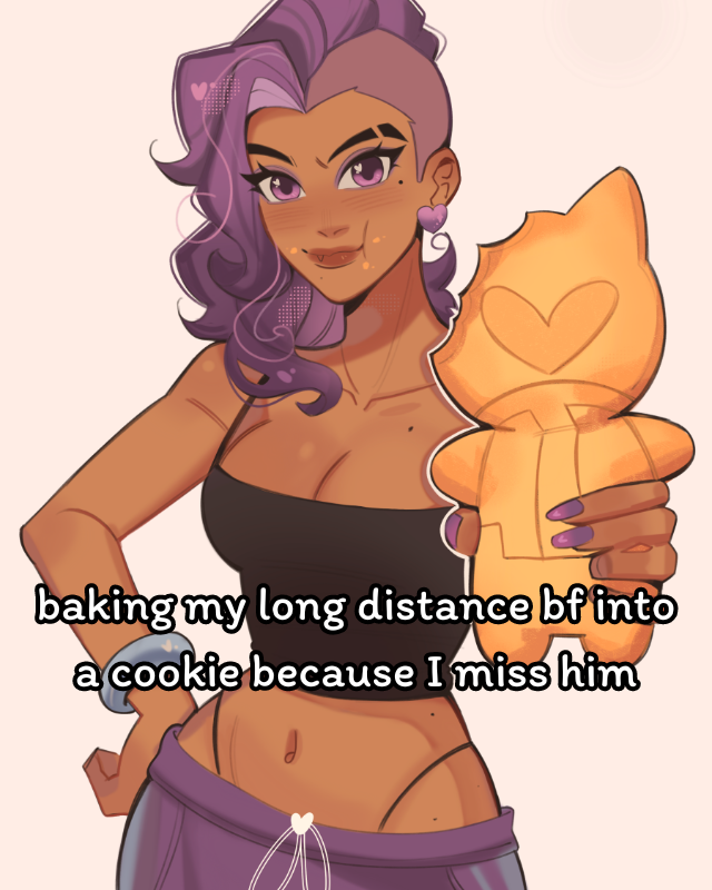 1girl alternate_costume asymmetrical_hair black_camisole blush breasts brown_lips camisole character_cookie cleavage collarbone cookie cowboy_shot dark-skinned_female dark_skin earrings eating eyebrow_cut fang food genji_(overwatch) hand_on_own_hip heart heart_earrings holding holding_cookie holding_food jewelry kaiwankon large_breasts midriff mole mole_on_chest mole_under_eye navel overwatch panty_straps purple_eyes purple_hair shaved_head simple_background smile solo sombra_(overwatch) thong undercut whale_tail_(clothing) white_background
