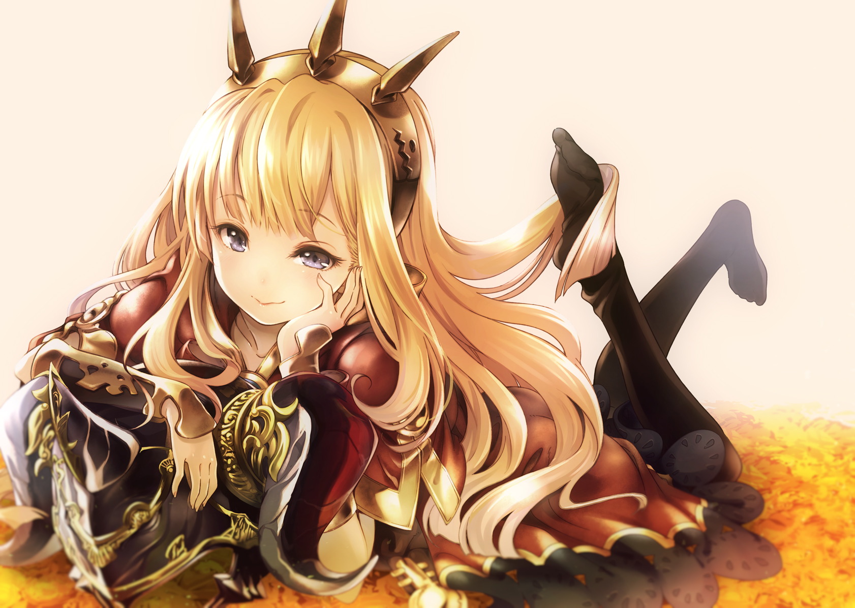 10s 1girl armor beige_background black_thighhighs blonde_hair cagliostro_(granblue_fantasy) crown feet female_focus full_body granblue_fantasy hairband helmet highres kawakami_shuuichi leaf long_hair lying no_shoes on_stomach purple_eyes smile solo thighhighs tiara unworn_headwear unworn_helmet wristband