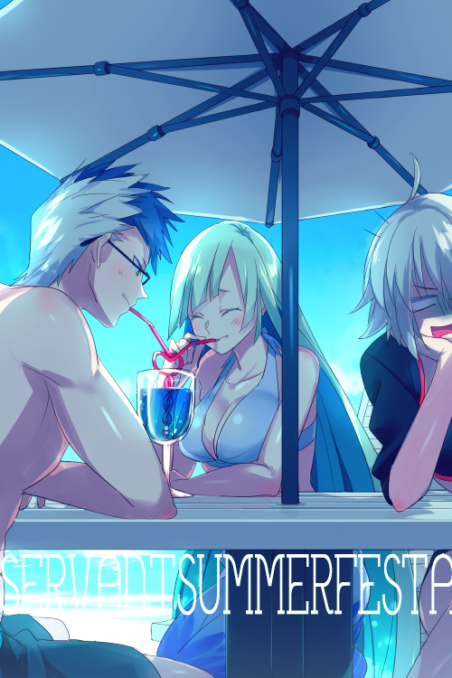 1boy 2girls ahoge beach_umbrella bikini black_bikini black_hair black_jacket blue_bikini blue_sky breasts brynhild_(fate) cleavage closed_eyes collarbone cropped_jacket cup diagonal_bangs drinking_straw echo_(circa) empty_eyes fate/grand_order fate_(series) grey_hair jacket jeanne_d&#039;arc_alter_(fate) jeanne_d&#039;arc_alter_(swimsuit_berserker)_(fate) large_breasts long_hair long_sleeves multiple_girls open_mouth outdoors shaded_face short_hair shrug_(clothing) sigurd_(fate) sky smile swimsuit table thighs umbrella very_long_hair white_hair