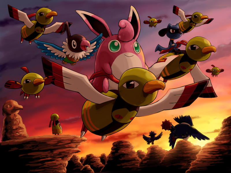 00s beak bird chatot chunsoft dog flying gen_1_pokemon gen_2_pokemon gen_4_pokemon honchkrow mountain murkrow natu nintendo no_humans pokemoa pokemon pokemon_(creature) pokemon_mystery_dungeon pokemon_mystery_dungeon:_explorers_of_time/darkness/sky pokemon_mystery_dungeon:_red/blue_rescue_team riolu sky statue sunrise wigglytuff wings xatu