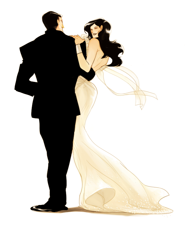 1boy 1girl ^_^ back backless_dress backless_outfit black_hair black_lips black_suit bracelet bruce_wayne closed_eyes commentary dc_comics dress english_commentary formal_clothes full_body jewelry long_dress long_hair retdis short_hair smile suit white_dress wonder_woman