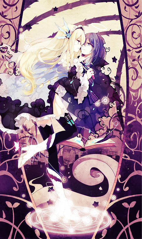 2girls bikini black_bikini black_cloak black_dress black_thighhighs blonde_hair blue_eyes blue_flower blue_rose book boots brown_background cape city cloak closed_mouth collared_cloak commentary_request dress eye_contact feather_hair_ornament feathers flower frilled_cape frilled_dress frilled_hairband frilled_sleeves frills full_body gargadia_empire grey_cape hair_flower hair_ornament hairband halo hand_on_another&#039;s_chin high_collar high_heel_boots high_heels holding_beaker lace lace-trimmed_thighhighs lace_trim light_particles light_smile long_dress long_hair long_sleeves looking_at_another magic_circle multiple_girls neyti open_book petals pixiv_fantasia pixiv_fantasia_5 plant potion purple_dress purple_eyes purple_hair ribbed_legwear rose star_(symbol) swimsuit thigh_strap thighhighs thorns torn_clothes traditional_halo vines white_footwear white_hairband white_halo wide_sleeves yuri