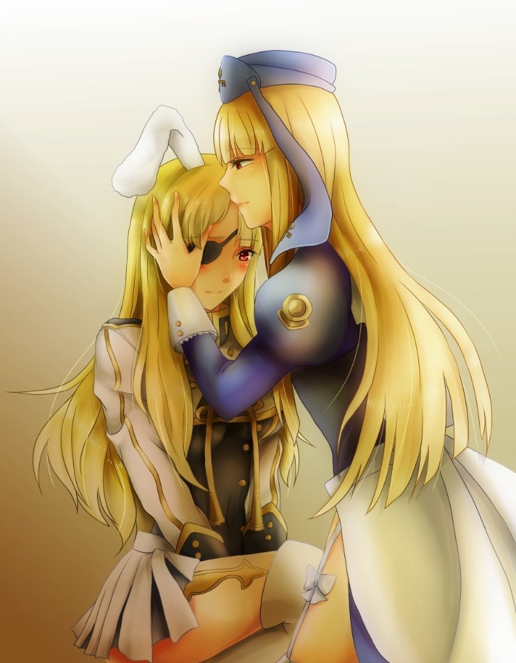 2girls animal_ears armband blonde_hair breasts rabbit_ears chiester00 chiester_sisters dress eiserne_jungfrau eyepatch gertrude_(umineko) hat long_hair multiple_girls red_eyes showgirl_skirt smile thighhighs umineko_no_naku_koro_ni xieyuan