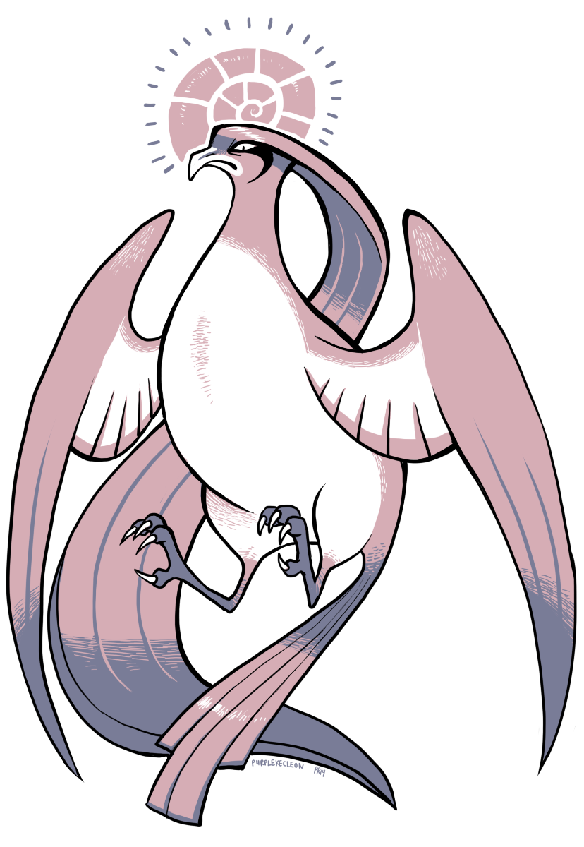 claws commentary emphasis_lines flying full_body game_freak gen_1_pokemon helix_fossil highres monochrome nintendo no_humans pidgeot pokemon pokemon_(creature) pokemon_focus pokemon_rgby serious signature solo twitch_plays_pokemon wings