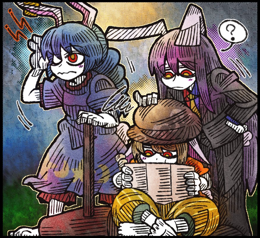3girls ? animal_ears barefoot black_border blue_dress blue_hair blush_stickers border colored_skin crescent dress earclip eyebrows flat_cap floppy_ears formal_clothes hair_between_eyes hand_on_own_hip hat hatching_(texture) kine leaning_forward linear_hatching listening long_hair looking_down mallet multiple_girls necktie one_eye_closed orange_hair orange_shirt pants puffy_pants puffy_short_sleeves puffy_sleeves purple_hair rabbit_ears red_eyes reisen_udongein_inaba ringo_(touhou) seiran_(touhou) shirt short_sleeves spoken_question_mark squiggle star_(symbol) suenari_(peace) touhou very_long_hair wavy_mouth white_skin yellow_necktie yellow_pants
