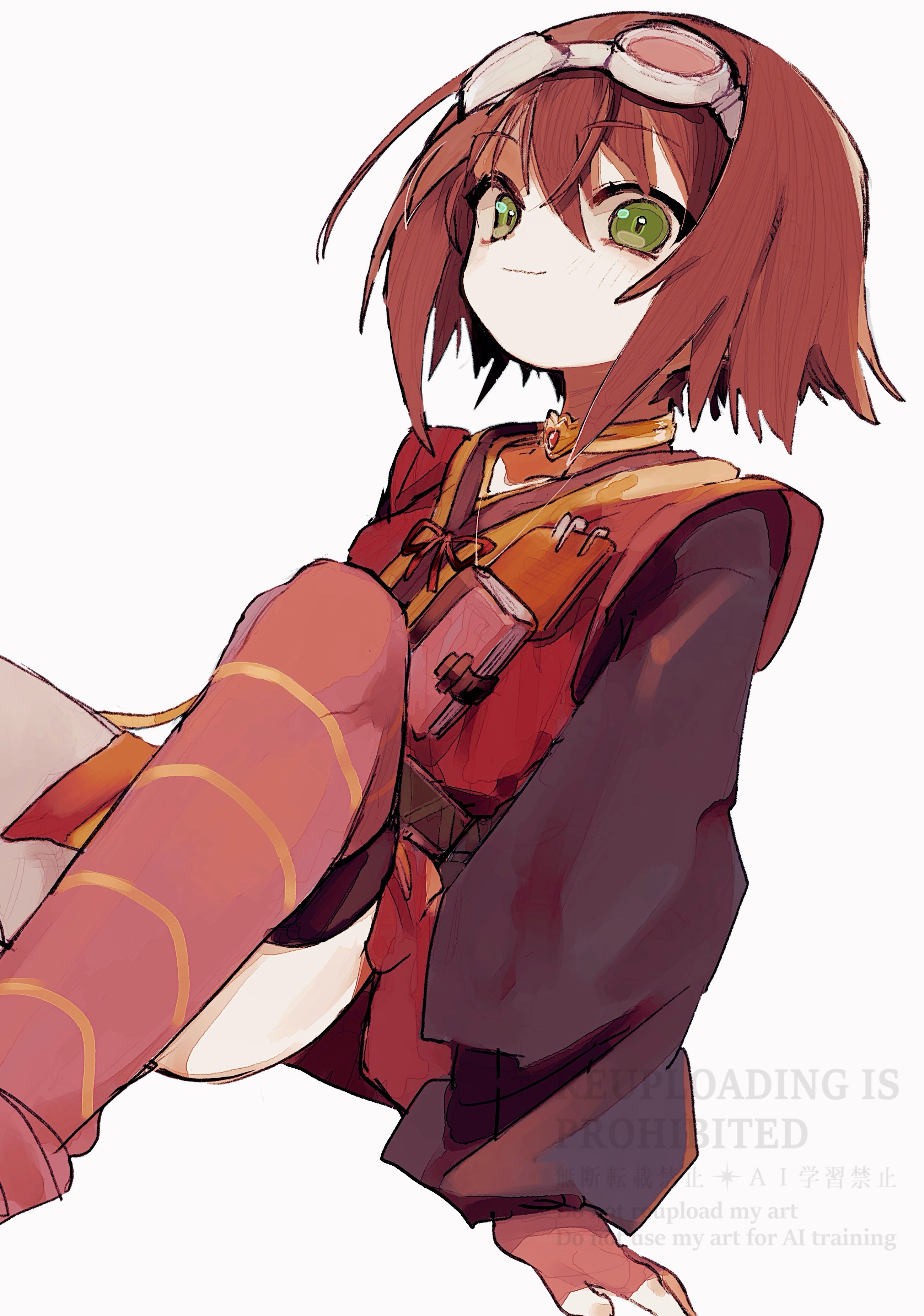 1girl absurdres black_sleeves brown_hair closed_mouth commentary_request eyewear_on_head gloves goggles goggles_on_head green_eyes highres looking_at_viewer nancykittyu pink-framed_eyewear red_gloves rita_mordio short_hair simple_background sitting smile solo tales_of_(series) tales_of_vesperia watermark white-framed_eyewear white_background