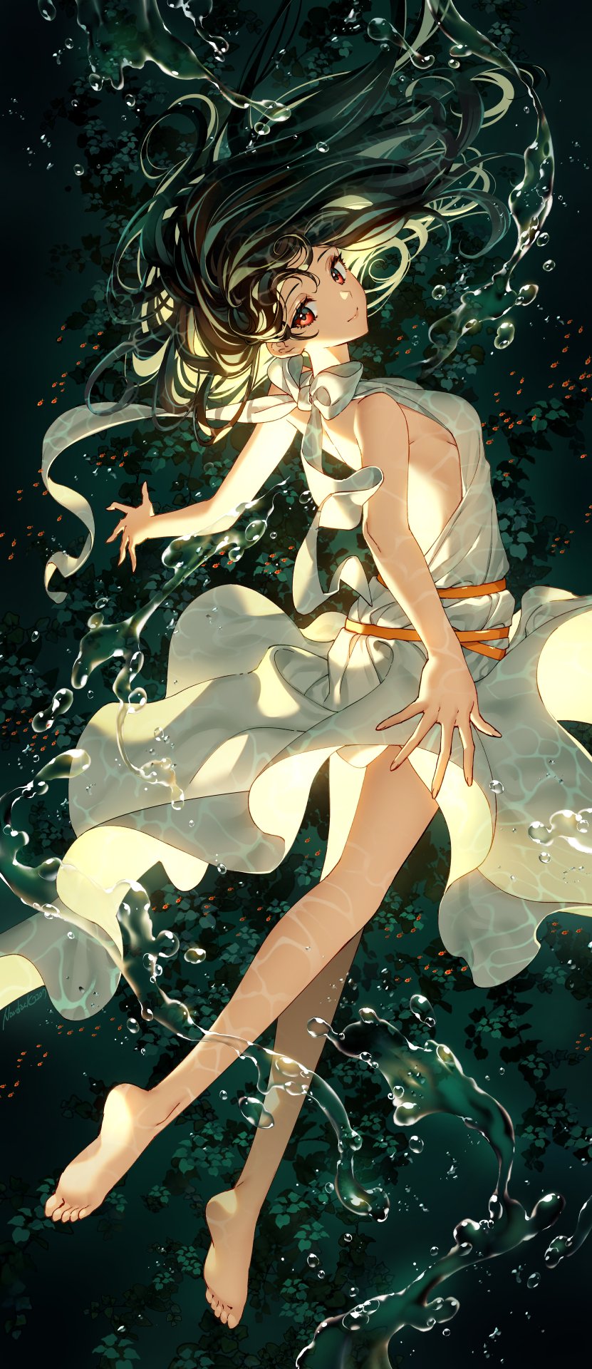 1girl air_bubble armpit_crease backless_dress backless_outfit barefoot belt bow bowtie breasts brown_hair bubble closed_mouth dark_background dress feet fish floating highres long_hair looking_back nardack open_hands orange_belt original patterned_background red_eyes sideboob smile soles solo submerged toes underwater water white_bow white_bowtie white_dress