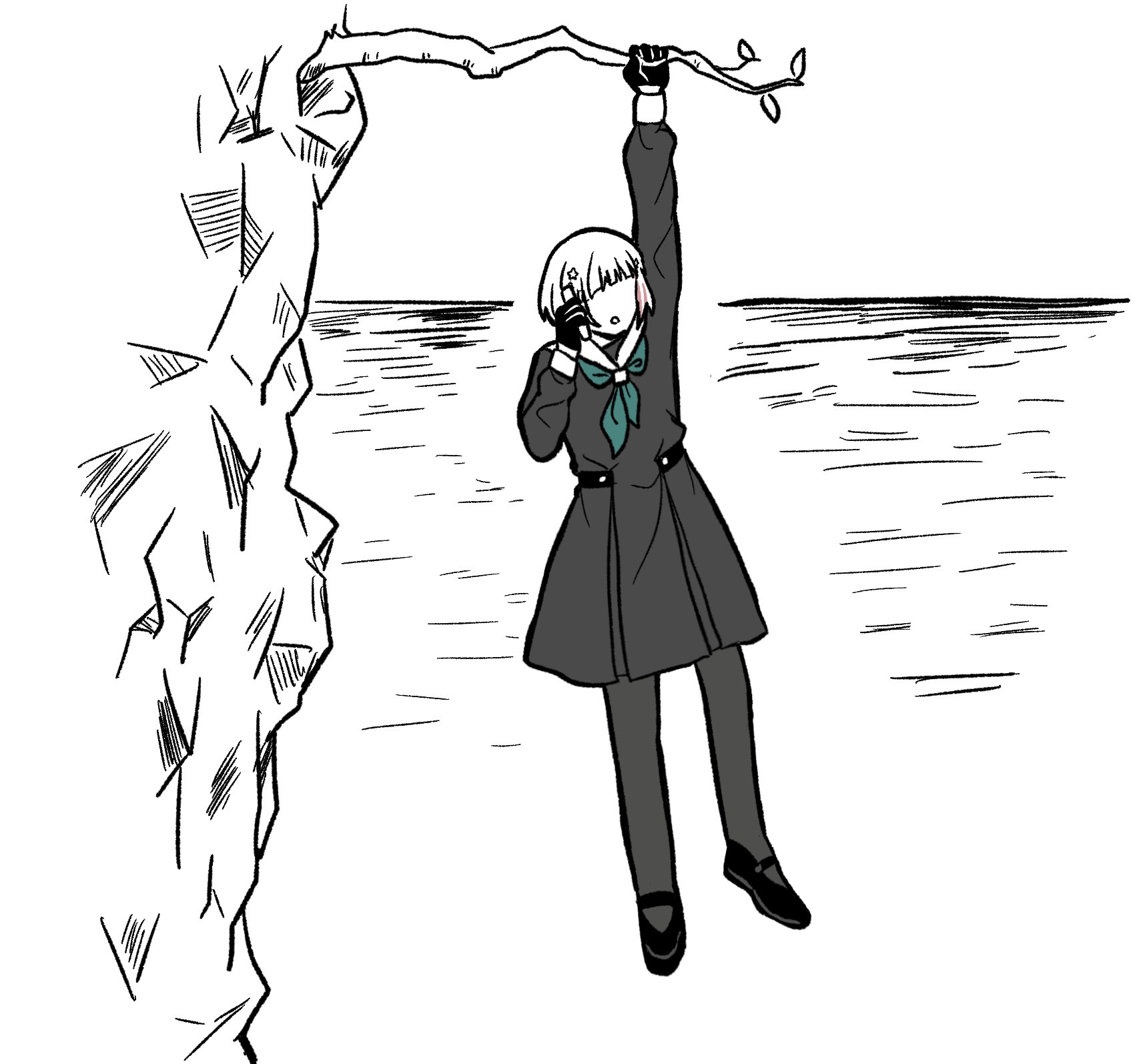 1girl bob_cut branch cliff commentary_request diagonal_bangs dress full_body gloves greyscale hair_ornament half_gloves hanging_on hasu_no_sora_school_uniform highres holding holding_phone inverted_bob link!_like!_love_live! long_sleeves love_live! mary_janes medium_dress monochrome multicolored_hair neckerchief no_eyes ocean open_mouth pantyhose phone pleated_dress red_hair sailor_collar sailor_dress school_uniform shoes short_hair solo spot_color star_(symbol) star_hair_ornament streaked_hair talking_on_phone virtual_youtuber watage_modoki winter_uniform yugiri_tsuzuri