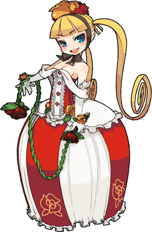 1girl 7th_dragon 7th_dragon_(series) bare_shoulders blonde_hair blue_eyes breasts cleavage dress female_focus frills hat long_hair mota official_art open_mouth princess_(7th_dragon) simple_background solo sora_(7th_dragon) twintails whip white_background