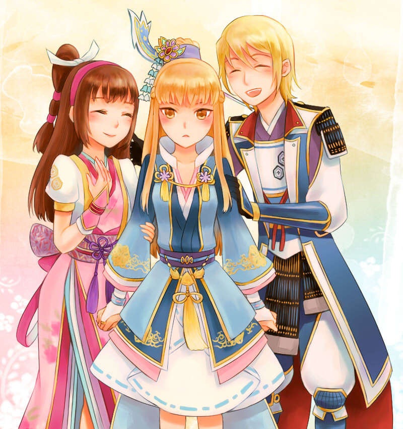 armor azai_nagamasa blonde_hair brown_eyes brown_hair chacha closed_eyes family father_and_daughter hair_ornament japanese_clothes kimono long_hair mother_and_daughter oichi oichi_(sengoku_musou) ponytail sengoku_musou smile yukata