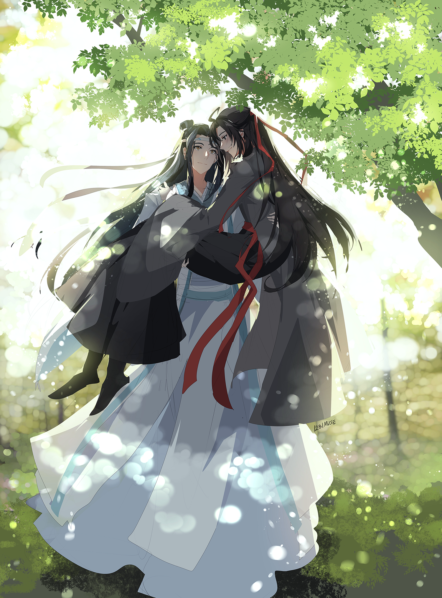 2boys artist_name black_footwear black_hair brown_eyes carrying chinese_clothes day eye_contact hair_ribbon headband highres lan_wangji long_hair looking_at_another male_focus modao_zushi multiple_boys muse_(rainforest) outdoors red_ribbon ribbon standing tree very_long_hair wei_wuxian wei_wuxian_(yiling_laozu) white_headband wide_sleeves yaoi