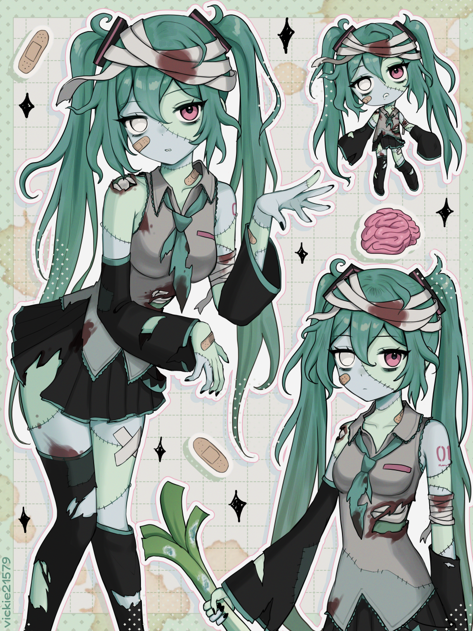 1girl bandaged_head bandages bandaid black_nails black_skirt black_sleeves black_thighhighs brain collared_shirt colored_skin commentary detached_sleeves food green_hair green_necktie green_skin grey_shirt hair_ornament hatsune_miku heterochromia highres holding holding_food horror_(theme) long_hair long_sleeves miniskirt multiple_views necktie no_pupils number_tattoo patchwork_skin pink_eyes pleated_skirt shirt shoulder_tattoo skirt sleeveless sleeveless_shirt spring_onion stitches tattoo thighhighs twintails very_long_hair vickie_(cryingrobot) vocaloid zombie