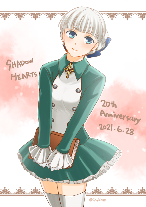 1girl alice_elliot blue_eyes book closed_mouth cross dated dress long_sleeves looking_at_viewer shadow_hearts short_hair skirt smile solo thighhighs twitter_username white_hair yahiro_(sr_ochadoki)