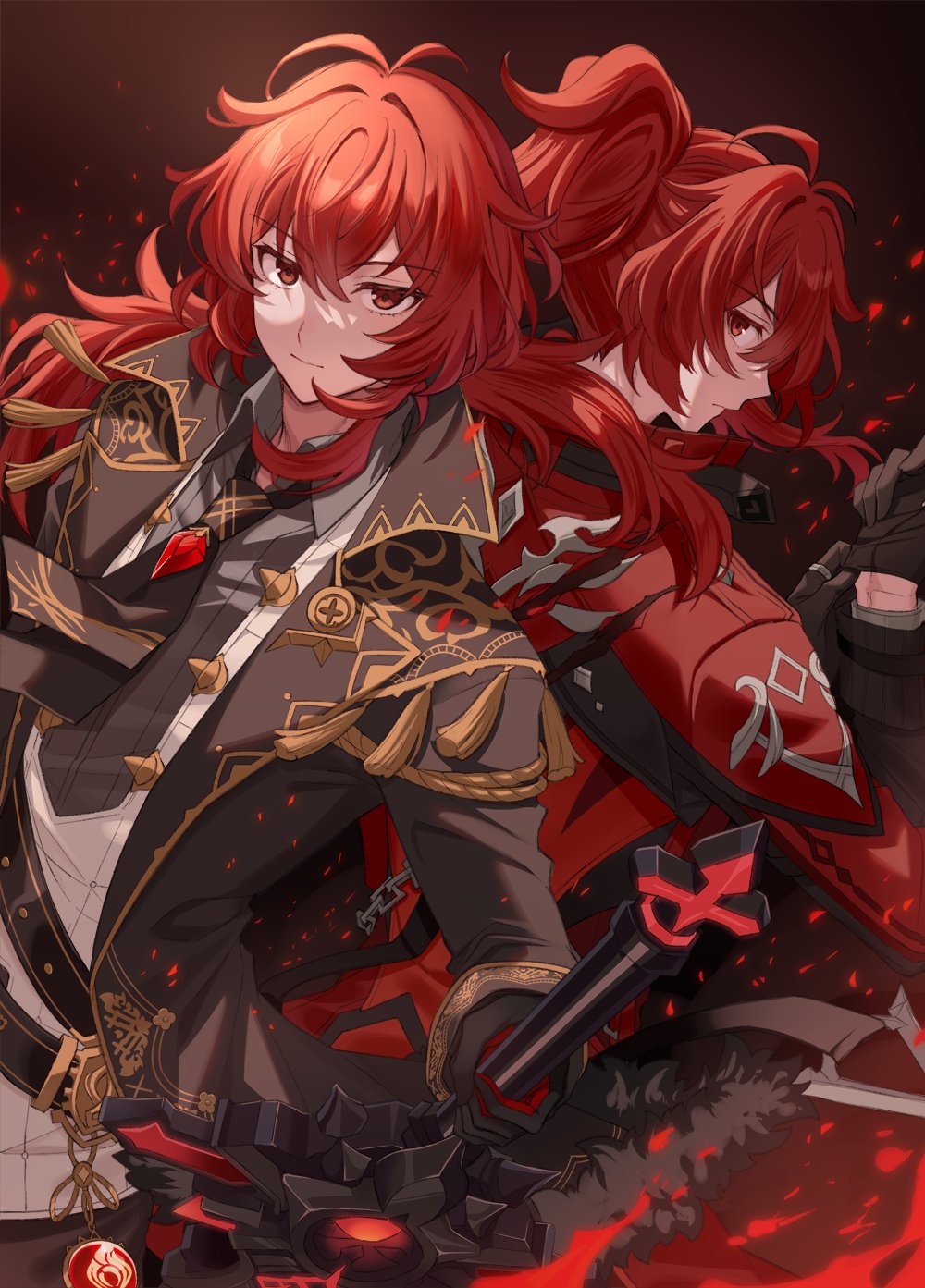 2boys antenna_hair back-to-back belt black_belt black_coat black_gloves black_necktie chain closed_mouth coat collared_coat collared_shirt commentary_request crossed_bangs diluc_(genshin_impact) diluc_(red_dead_of_night)_(genshin_impact) dual_persona embers fire floating_hair from_behind fur-trimmed_coat fur_trim gem genshin_impact glove_pull gloves gold_trim grey_shirt hair_between_eyes hair_intakes hands_up high_ponytail highres holding holding_weapon jewelry kn_(akairo0530) lapels long_hair long_sleeves looking_at_viewer looking_back low_ponytail male_focus multiple_boys necktie official_alternate_costume open_clothes open_coat ponytail red_coat red_eyes red_gemstone red_gloves red_hair ring shirt sidelocks sideways_glance sleeve_cuffs standing tassel two-tone_gloves vest vision_(genshin_impact) weapon white_vest wing_collar wolf&#039;s_gravestone_(genshin_impact)