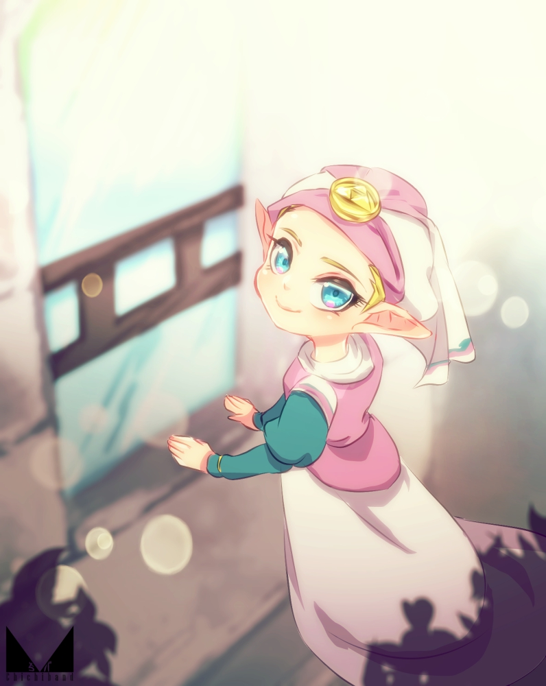 1girl aqua_sleeves blue_eyes chichi_band child closed_mouth commentary_request dress hat juliet_sleeves long_sleeves looking_at_viewer nintendo pink_dress pink_hat pointy_ears princess_zelda puffy_sleeves smile solo the_legend_of_zelda the_legend_of_zelda:_ocarina_of_time triforce two-tone_dress two-tone_headwear white_dress white_hat wimple window young_zelda