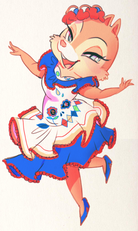 1girl blue_eyes chipmunk chipmunk_ears chipmunk_girl clarice_(disney) disney dress eyelashes flower full_body hair_flower hair_ornament looking_at_viewer mexican_clothes mexican_dress mickey_mouse_&amp;_friends open_mouth rrr0511 smile solo squirrel