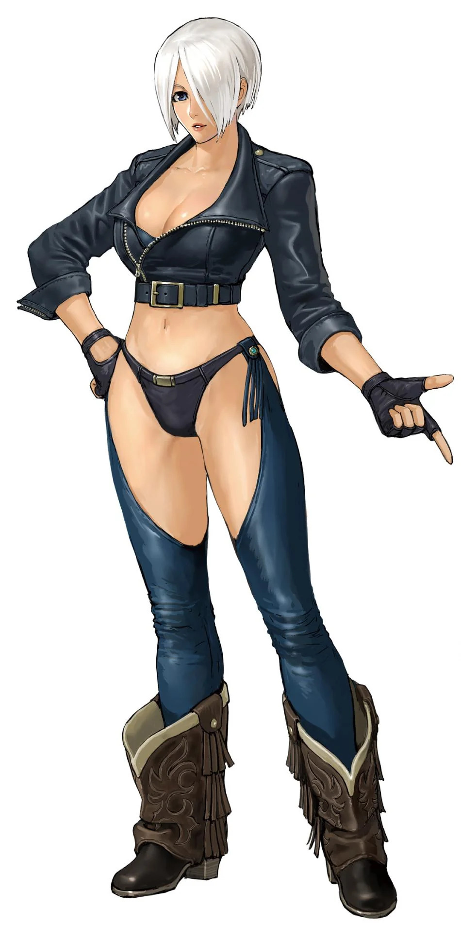 1girl angel_(kof) black_gloves black_jacket black_panties blue_eyes boots breasts chaps cleavage collarbone cowboy_boots cropped_jacket female_focus full_body gloves hair_over_one_eye highres jacket large_breasts leather leather_jacket looking_at_viewer midriff navel official_art ogura_eisuke panties parted_lips revealing_clothes short_hair sidelocks simple_background smile snk solo standing stomach teeth the_king_of_fighters the_king_of_fighters_xiv thighs underwear white_background white_hair