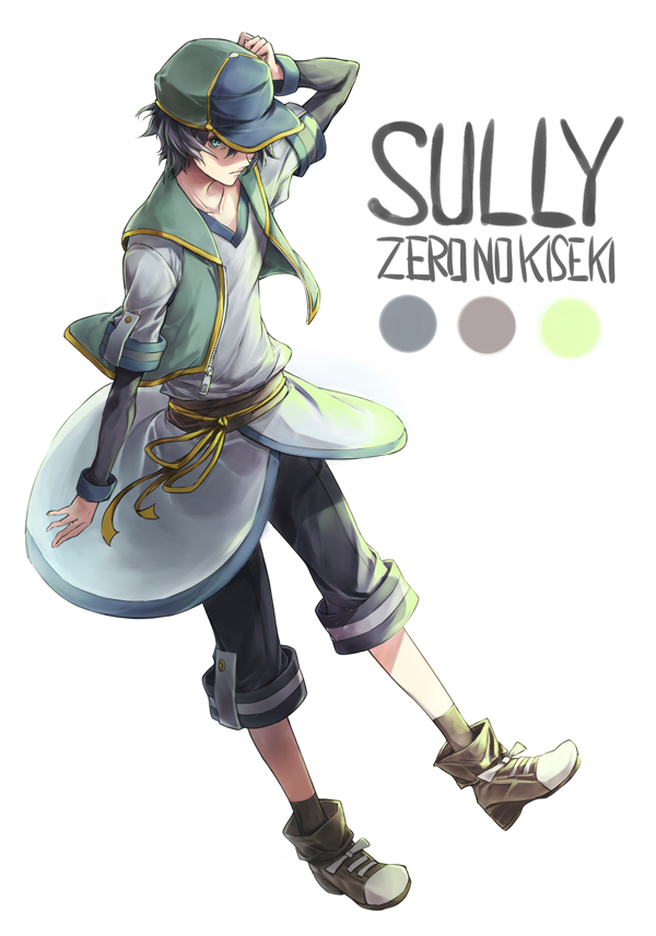 1girl baseball_cap blue_eyes blue_hair blue_hat character_name collarbone copyright_name cropped_jacket dress eiyuu_densetsu green_hat green_jacket grey_pants grey_shoes hat irise_ryouji jacket open_clothes open_jacket pants reverse_trap sash shoes short_hair solo sully_atraid two-tone_headwear white_dress yellow_sash zero_no_kiseki
