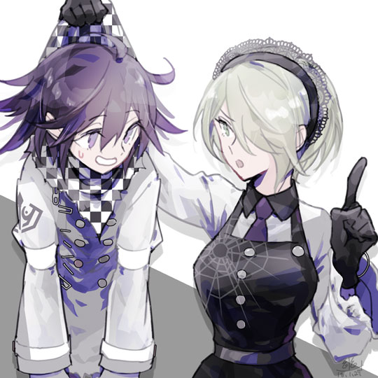 1boy 1girl annoyed apron arm_belt belt black_apron black_collar black_gloves black_hairband black_scarf blonde_hair breasts buttons chain checkered_clothes checkered_scarf clothes_grab collar collared_shirt cowboy_shot danganronpa_(series) danganronpa_v3:_killing_harmony double-breasted eyelashes frilled_sleeves frills gloves green_eyes grin hair_over_one_eye hairband jacket lace-trimmed_collar lace-trimmed_hairband lace_trim layered_sleeves lecturing lifting_person long_sleeves medium_breasts multiple_belts navel necktie neckwear_grab o-ring oma_kokichi open_mouth pointing pointing_up purple_eyes purple_hair purple_necktie scarf scarf_grab shirt simple_background smile sweatdrop tojo_kirumi torn_clothes torn_jacket torn_scarf two-tone_scarf u_u_ki_u_u unmoving_pattern v-shaped_eyebrows white_background white_belt white_jacket white_scarf white_shirt white_sleeves