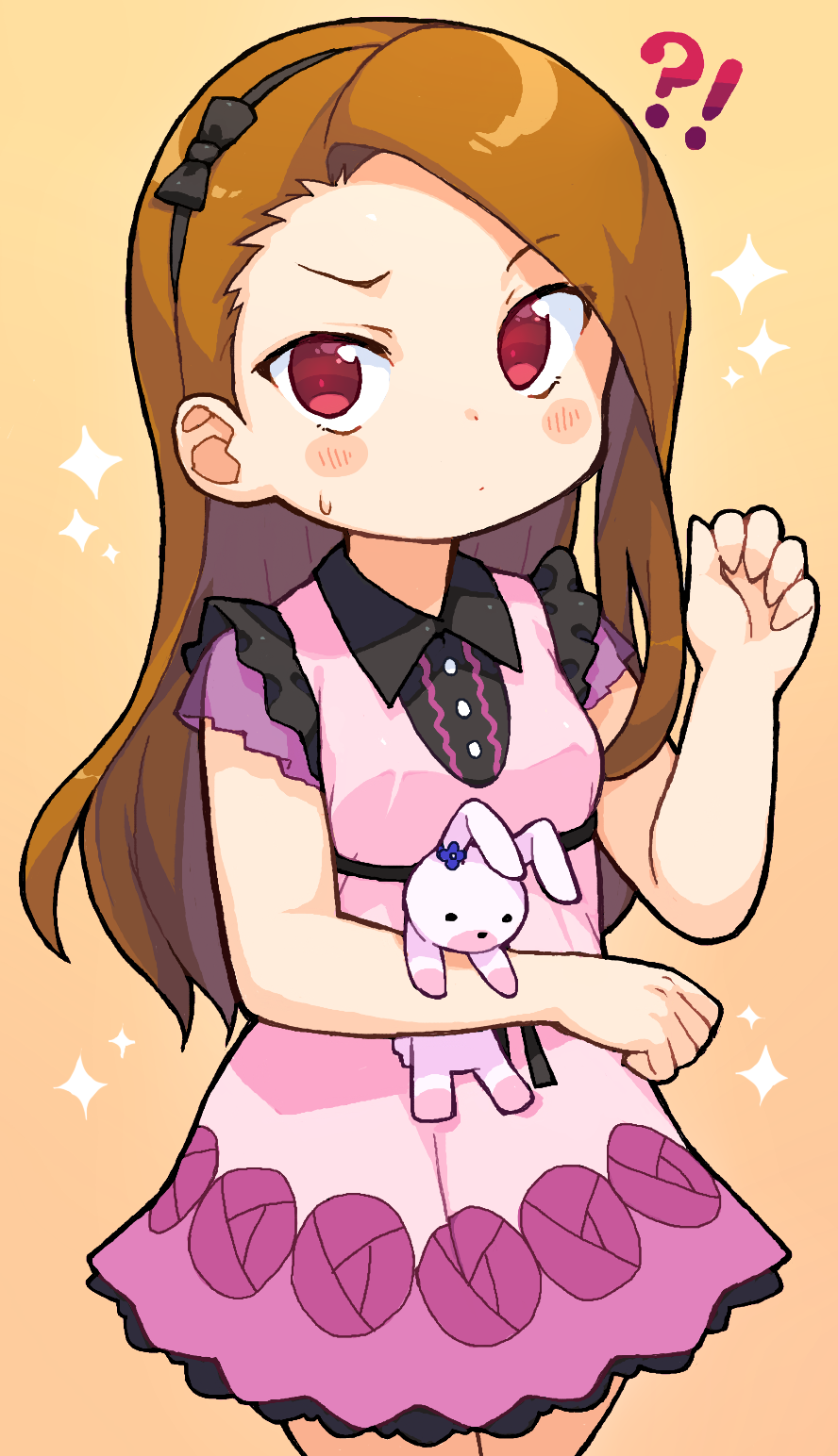 !? 1girl asymmetrical_bangs bachera black_bow black_hairband black_shirt blush bow bow_hairband breasts brown_hair closed_mouth collared_shirt commentary_request cowboy_shot dot_mouth dot_nose dress dress_shirt hair_bow hairband highres holding holding_stuffed_toy idolmaster idolmaster_(classic) long_hair looking_at_viewer minase_iori orange_background pinafore_dress pink_dress raised_eyebrow red_eyes shirt simple_background sleeveless sleeveless_dress small_breasts solo stuffed_animal stuffed_rabbit stuffed_toy sweat usa-chan_(idolmaster)