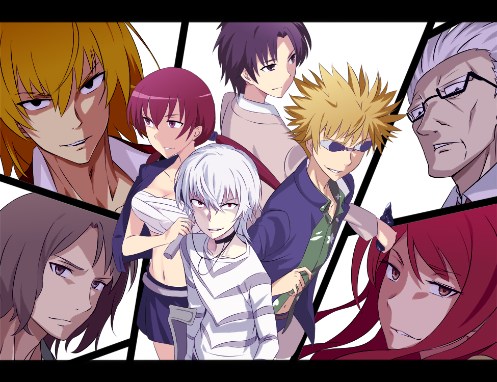 3girls 5boys accelerator_(toaru_majutsu_no_index) artist_request black_hair blonde_hair brown_hair etzali glasses kakine_teitoku mugino_shizuri multiple_boys multiple_girls musujime_awaki professor_(toaru_majutsu_no_index) purple_hair sunglasses teshio_megumi toaru_majutsu_no_index tsuchimikado_motoharu twintails white_hair