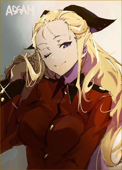 10s 1girl ;) assam_(girls_und_panzer) bad_id bad_twitter_id blonde_hair blue_eyes breasts female_focus girls_und_panzer hair_ribbon hand_in_own_hair head_tilt large_breasts naye one_eye_closed ponytail ribbon smile solo wink
