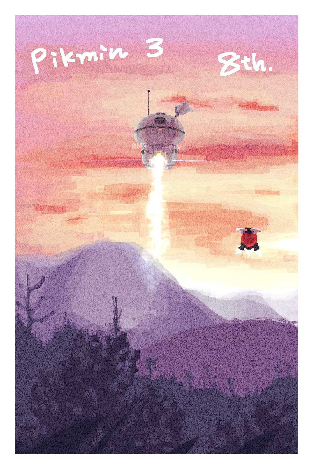 anniversary border cloud commentary_request copyright_name fire flower forest highres launching mountainous_horizon nature nintendo no_humans onion_(pikmin) outdoors pikmin_(series) pikmin_3 s.s._drake satellite_dish skirt spacecraft sunset twitter_username usuba_(hatomugip) vehicle_focus white_border white_flower yellow_skirt