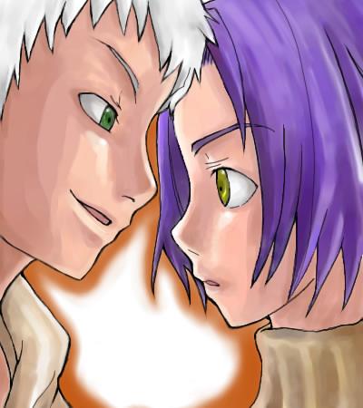 2boys commentary_request eye_contact green_eyes koma_mama looking_at_another lowres male_focus monk_(ragnarok_online) multiple_boys open_mouth portrait purple_hair ragnarok_online short_bangs short_hair simple_background smile thief_(ragnarok_online) white_background white_hair yellow_eyes