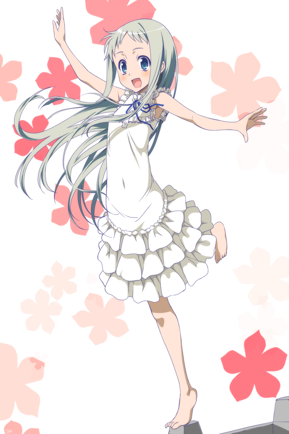 1girl ano_hi_mita_hana_no_namae_wo_bokutachi_wa_mada_shiranai. barefoot blue_eyes dot_nose dress exit_nothing grey_hair highres honma_meiko long_hair open_mouth solo standing standing_on_one_leg