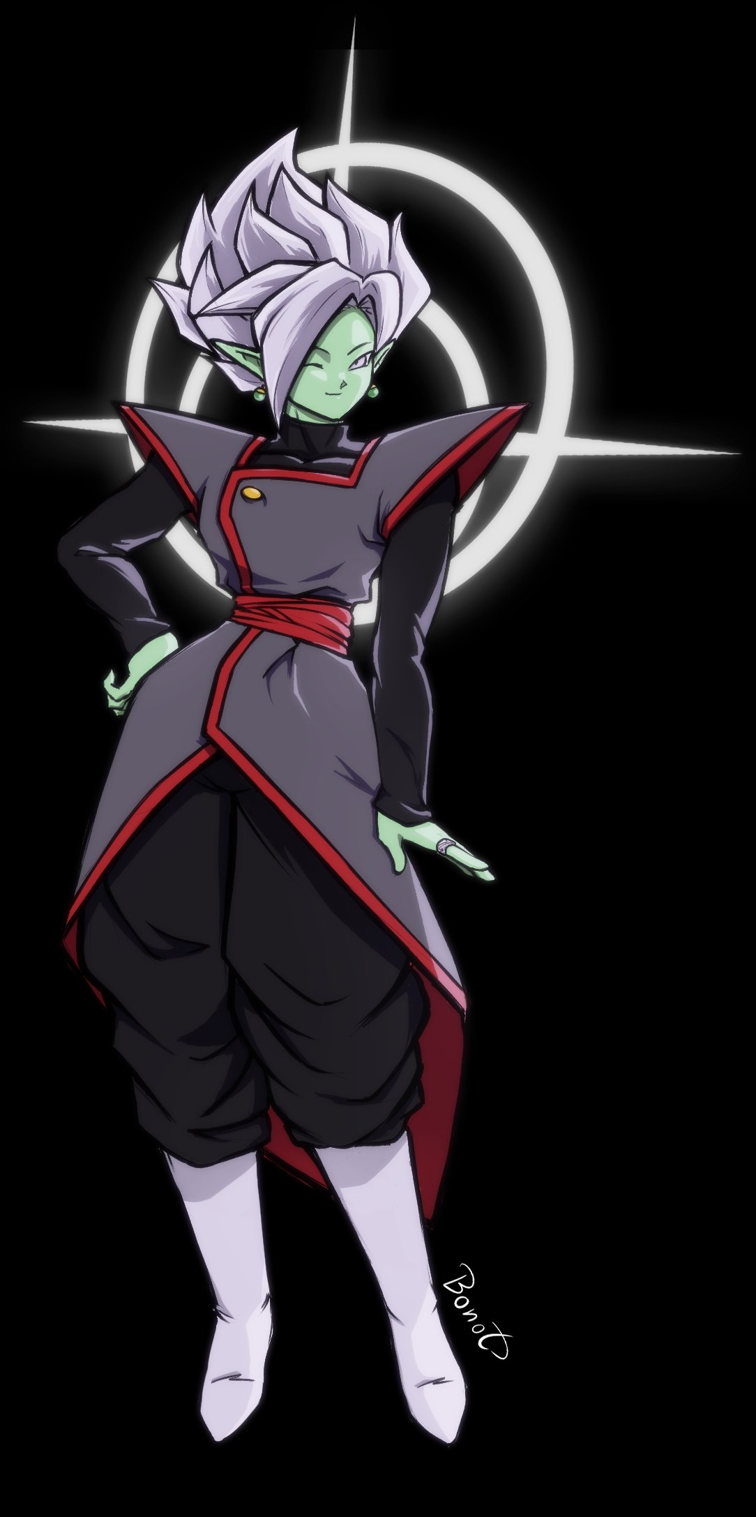 1boy black_bodysuit black_pants bodysuit bonot boots colored_skin dragon_ball dragon_ball_super earrings fused_zamasu green_skin grey_eyes halo hand_on_own_hip highres jewelry long_sleeves looking_at_viewer one_eye_closed pants pointy_ears potara_earrings red_sash sash smile solo spiked_hair white_footwear white_hair wink