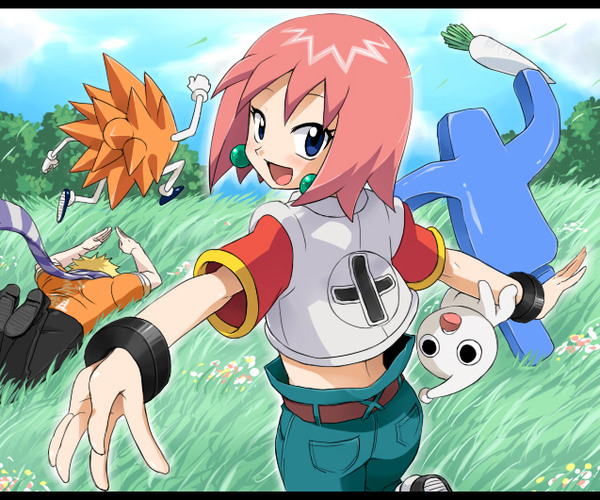 00s agemono beauty_(bobobo-bo_bo-bobo) blue_eyes bobobo-bo_bo-bobo dengakuman denim don_patch earrings hatenkou jeans jewelry midriff pants pink_hair shirt short_hair smile standing tokoro_tennosuke