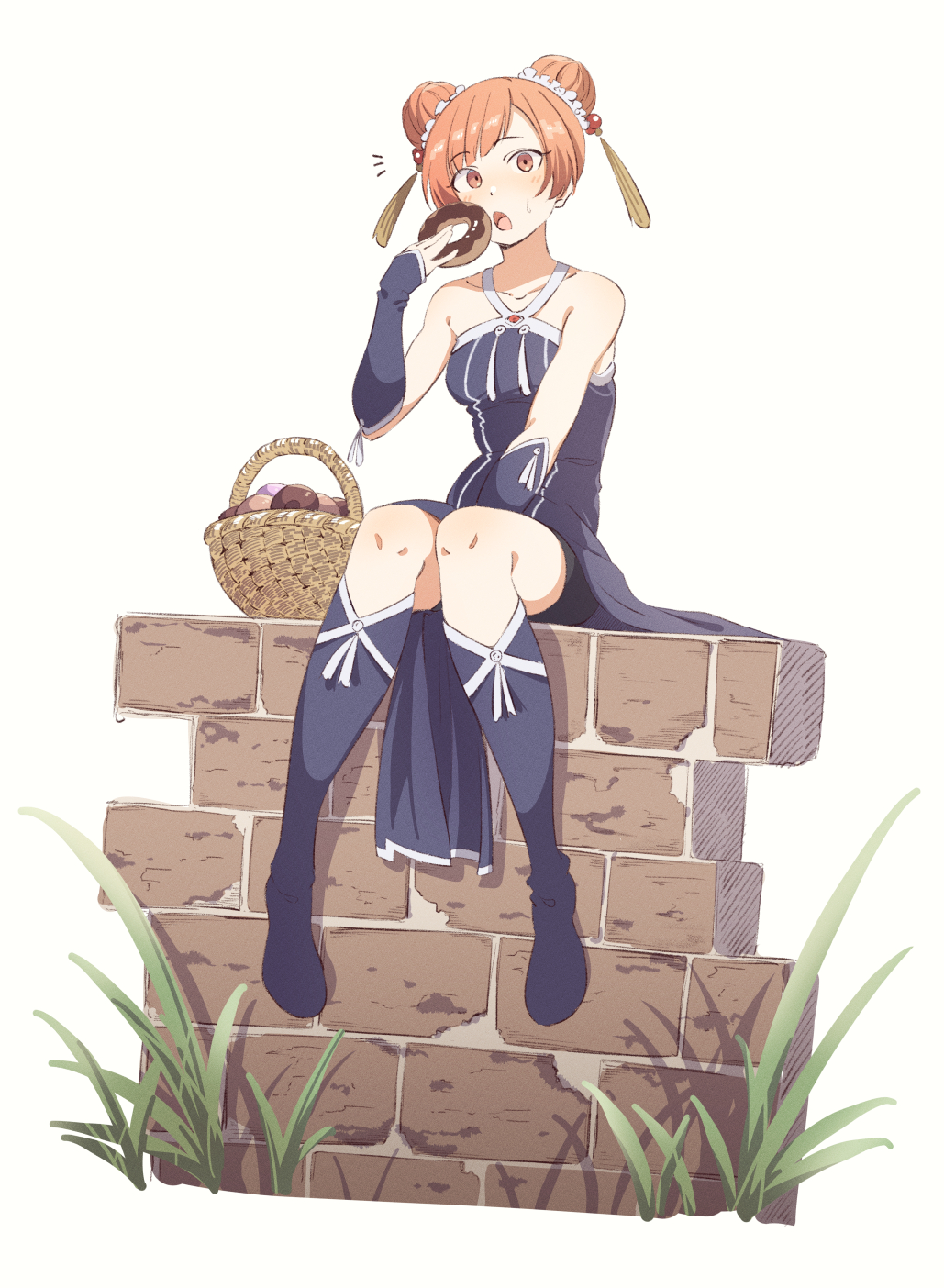 1girl basket boots brick_wall chocolate_donut donut double_bun eating eitopondo food hair_bun hair_ornament highres holding holding_donut holding_food knee_boots laufen_(sousou_no_frieren) orange_eyes orange_hair sitting solo sousou_no_frieren sweatdrop tassel tassel_hair_ornament