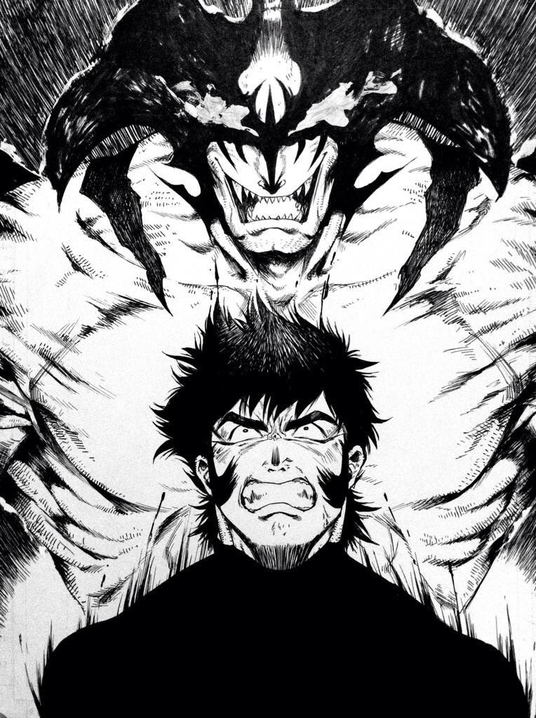 1boy angry clenched_teeth collarbone demon devilman devilman_(character) fudou_akira furrowed_brow greyscale grimace long_sideburns male_focus masuiiizo monochrome motion_lines multiple_persona muscular muscular_male open_mouth pectorals sharp_teeth short_hair sideburns teeth unusually_open_eyes