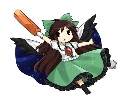 1girl arm_cannon arm_up black_boots black_eyes black_wings boots bow brown_hair cape collared_shirt commentary_request control_rod_(touhou) cookie_(touhou) expressionless feathered_wings frilled_shirt frilled_shirt_collar frilled_skirt frills full_body green_bow green_skirt hair_bow long_hair looking_at_viewer lowres nadeko_(cookie) nekocookie114 open_mouth print_cape puffy_short_sleeves puffy_sleeves reiuji_utsuho shirt short_sleeves simple_background skirt solo starry_sky_print third_eye touhou two-sided_cape two-sided_fabric weapon white_background white_cape white_shirt wings
