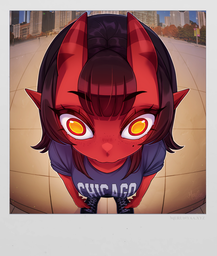 1girl black_hair blunt_bangs colored_skin demon_girl demon_horns fake_photograph from_above hair_between_horns horns long_hair meruccubus_(merunyaa) merunyaa mole mole_under_eye oni original photo_background pointy_ears polaroid_photo print_shirt red_oni red_skin shirt skin-covered_horns solo watermark web_address yellow_eyes