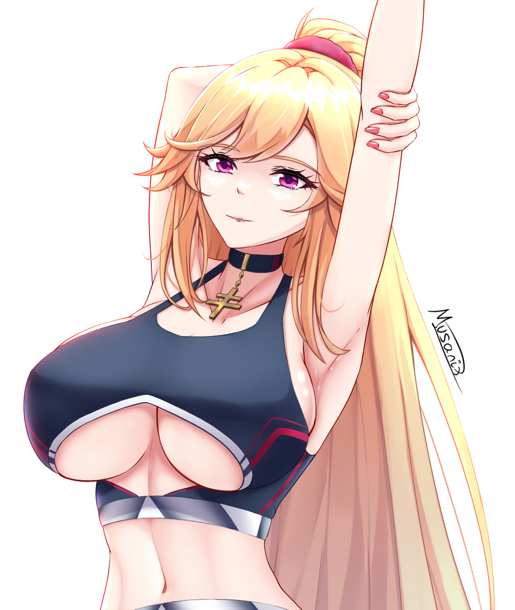 1girl armpits azur_lane blonde_hair blue_sports_bra breasts clothing_cutout cross highres large_breasts leggings long_hair looking_at_viewer musanix nail_polish pink_eyes richelieu_(azur_lane) shoes signature smile solo sports_bra sportswear stretching thighs underboob underboob_cutout white_background