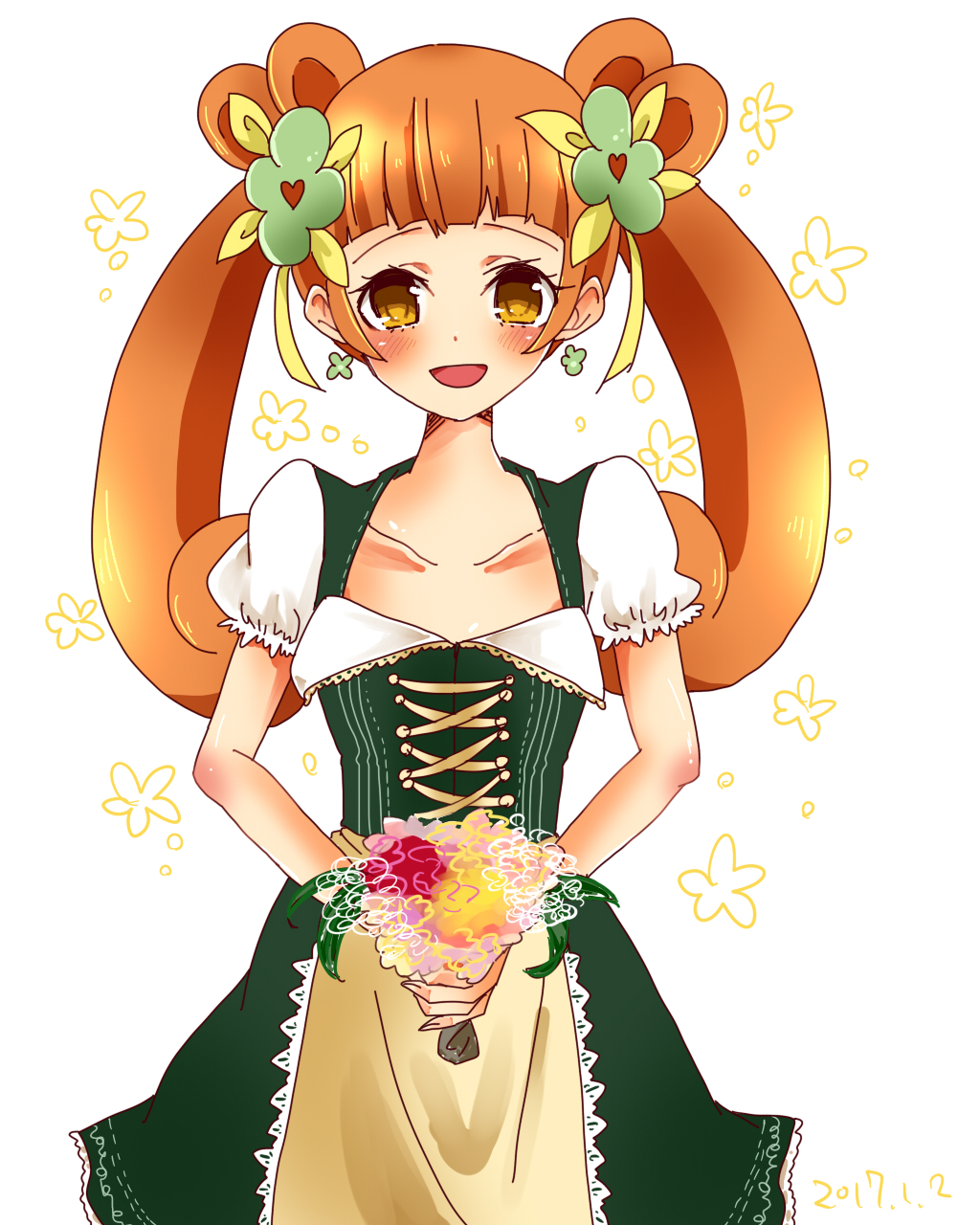 blush cure_rosetta dres flower highres long_hair magical_girl orange_eyes orange_hair smile twintails yotsuba_alice