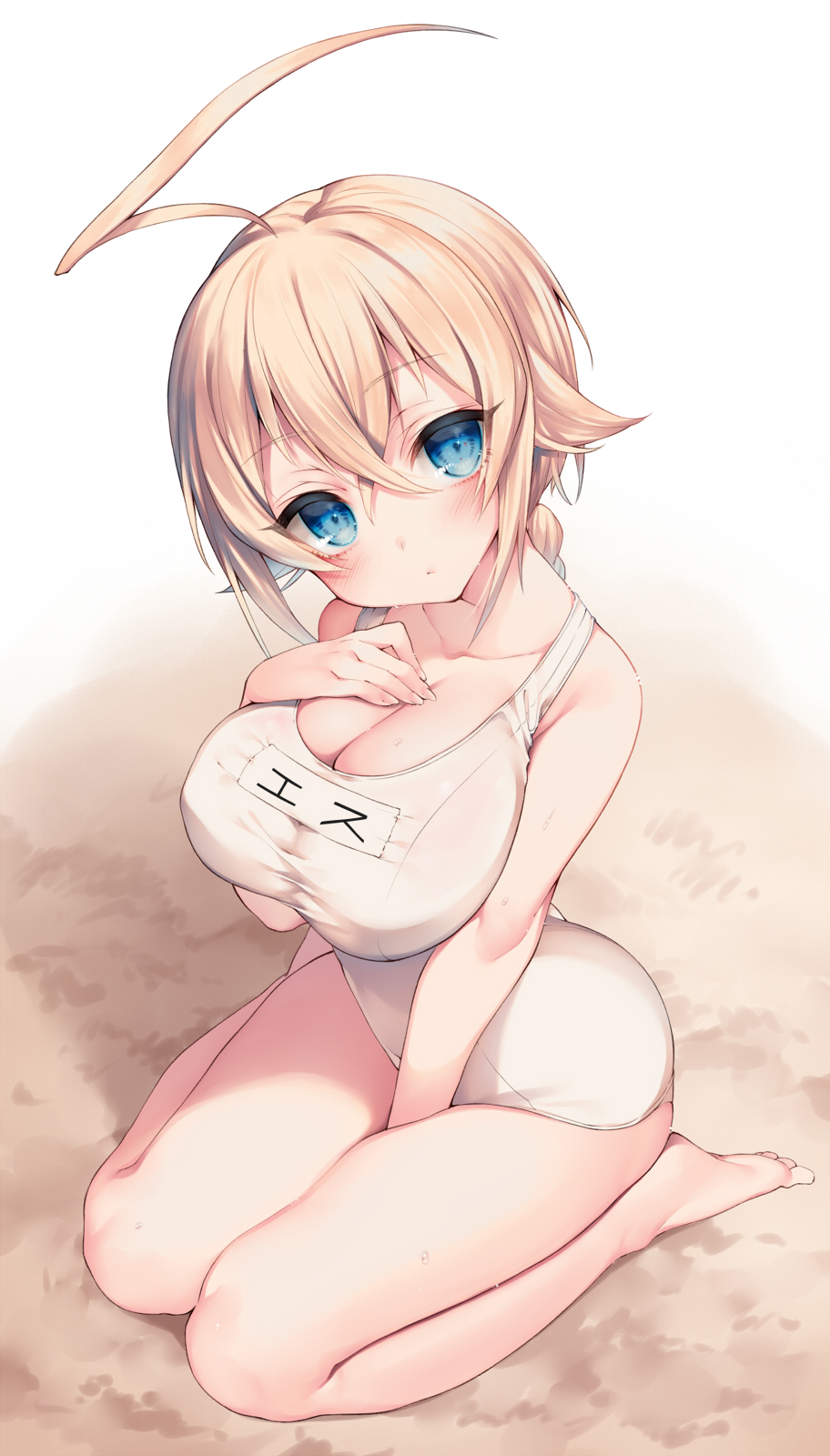 1girl ahoge bare_arms bare_legs barefoot between_legs blazblue blonde_hair blue_eyes blush braid breasts cleavage covered_navel es_(xblaze) expressionless female_focus hair_between_eyes hand_between_legs hand_on_own_chest highres hime_gyo huge_ahoge large_breasts long_hair looking_at_viewer one-piece_swimsuit sand school_swimsuit single_braid sitting solo sweat swimsuit wariza white_one-piece_swimsuit xblaze