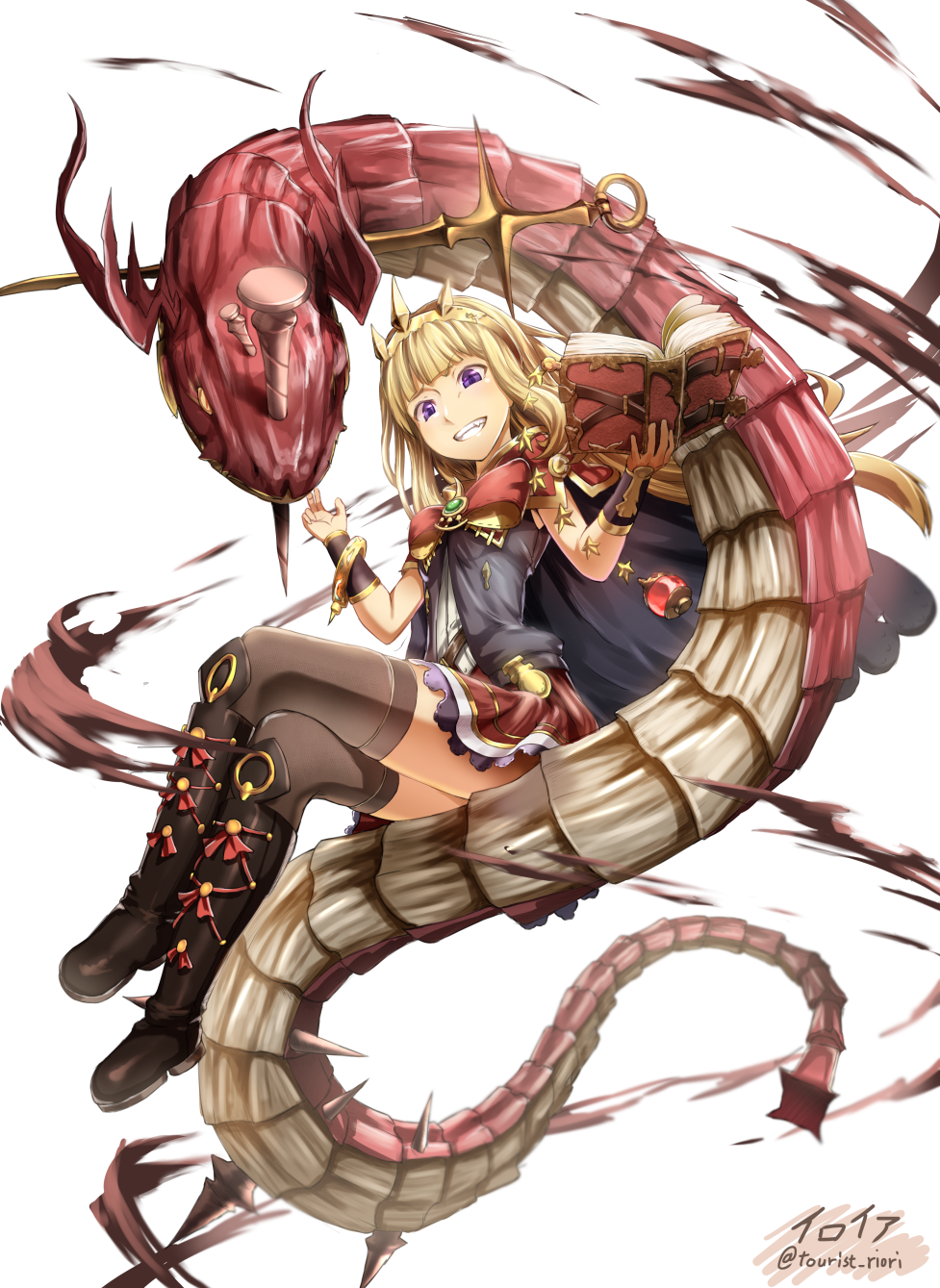 10s 1girl blonde_hair blunt_bangs book boots cagliostro_(granblue_fantasy) cape crossed_legs crown frilled_skirt frills full_body granblue_fantasy grin highres iroia knee_boots long_hair looking_at_viewer ouroboros_(granblue_fantasy) purple_eyes simple_background sitting skirt smile snake spikes stab sword thighhighs weapon