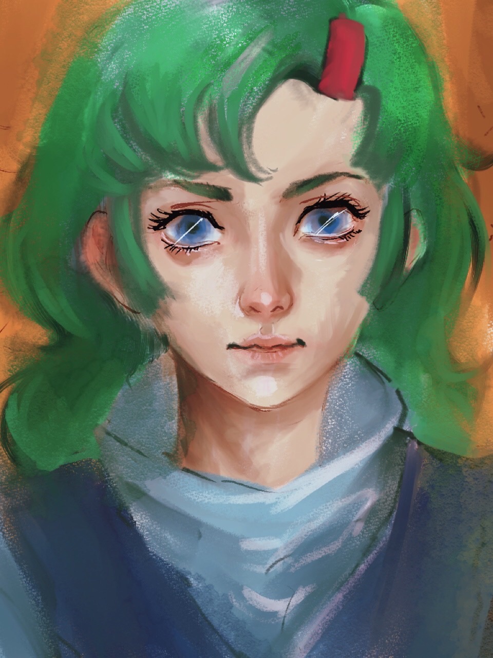 1girl blue_eyes dress elchi_cargo green_hair hair_ornament hairclip highres lips long_hair looking_at_viewer nucca_dzuke portrait reflection sad sentou_mecha_xabungle serious tears