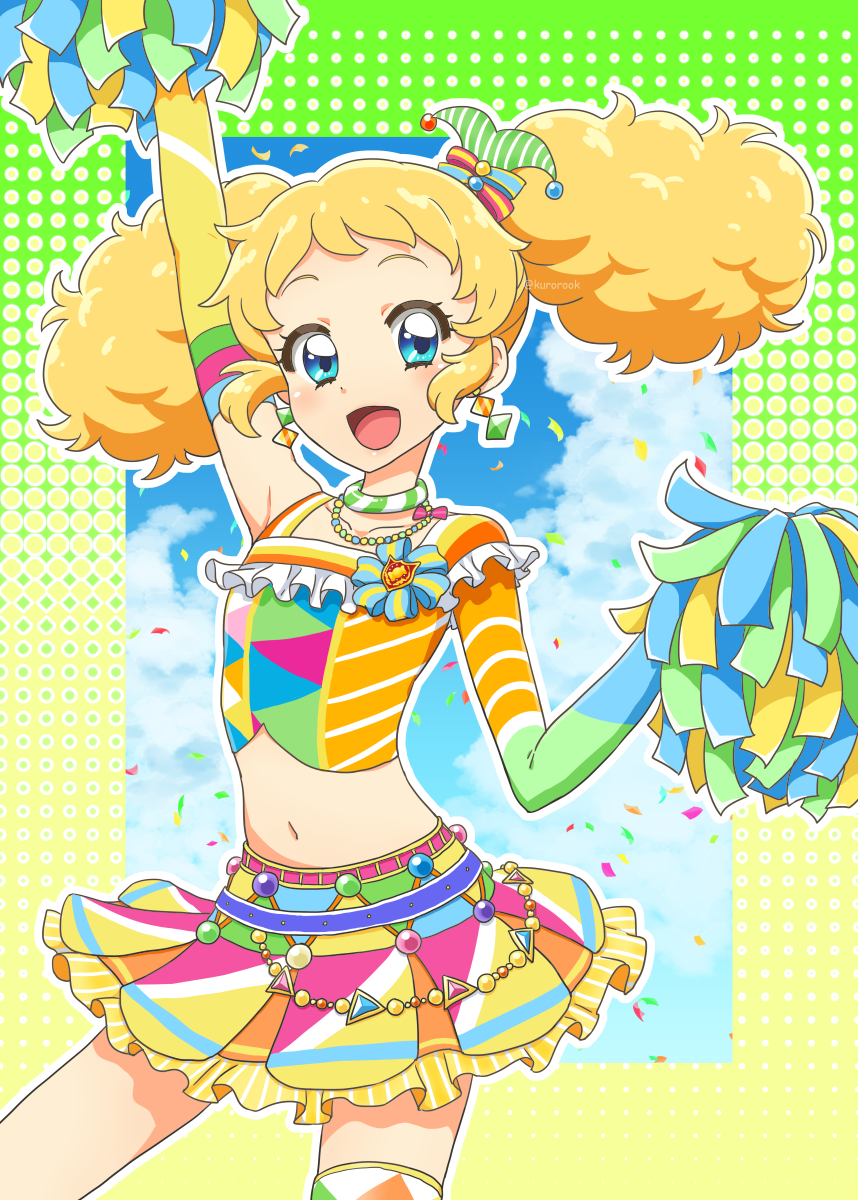 1girl :d aikatsu! aikatsu!_(series) arm_up armpits blonde_hair blue_eyes blue_sky blush border bow cheering cheerleader cloud cloudy_sky collarbone commentary cowboy_shot crop_top day detached_sleeves earrings gradient_border green_border hair_bow highres holding holding_pom_poms idol jewelry kurorook midriff multicolored_border multicolored_bow multicolored_skirt navel necklace open_mouth outline polka_dot_border pom_pom_(cheerleading) pom_poms saegusa_kii shiny_skin single_bare_shoulder single_detached_sleeve single_thighhigh skirt sky smile solo stomach striped_choker thighhighs twintails white_outline yellow_border