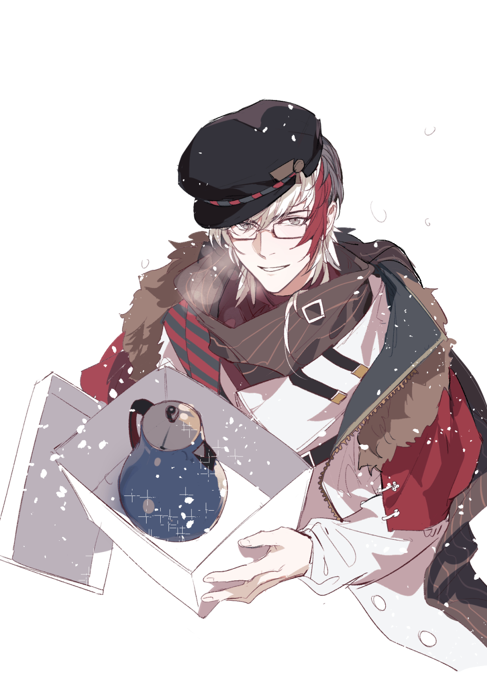 1boy arknights black_hat box breath coat electric_kettle elysium_(arknights) elysium_(snowy_echo)_(arknights) flat_cap glasses grey_hair grin hat highres holding holding_box kettle long_sleeves male_focus multicolored_hair rectangular_eyewear red_hair short_hair_with_long_locks smile snowing solo sparkle streaked_hair upper_body white_background white_coat white_hair xiandao1213