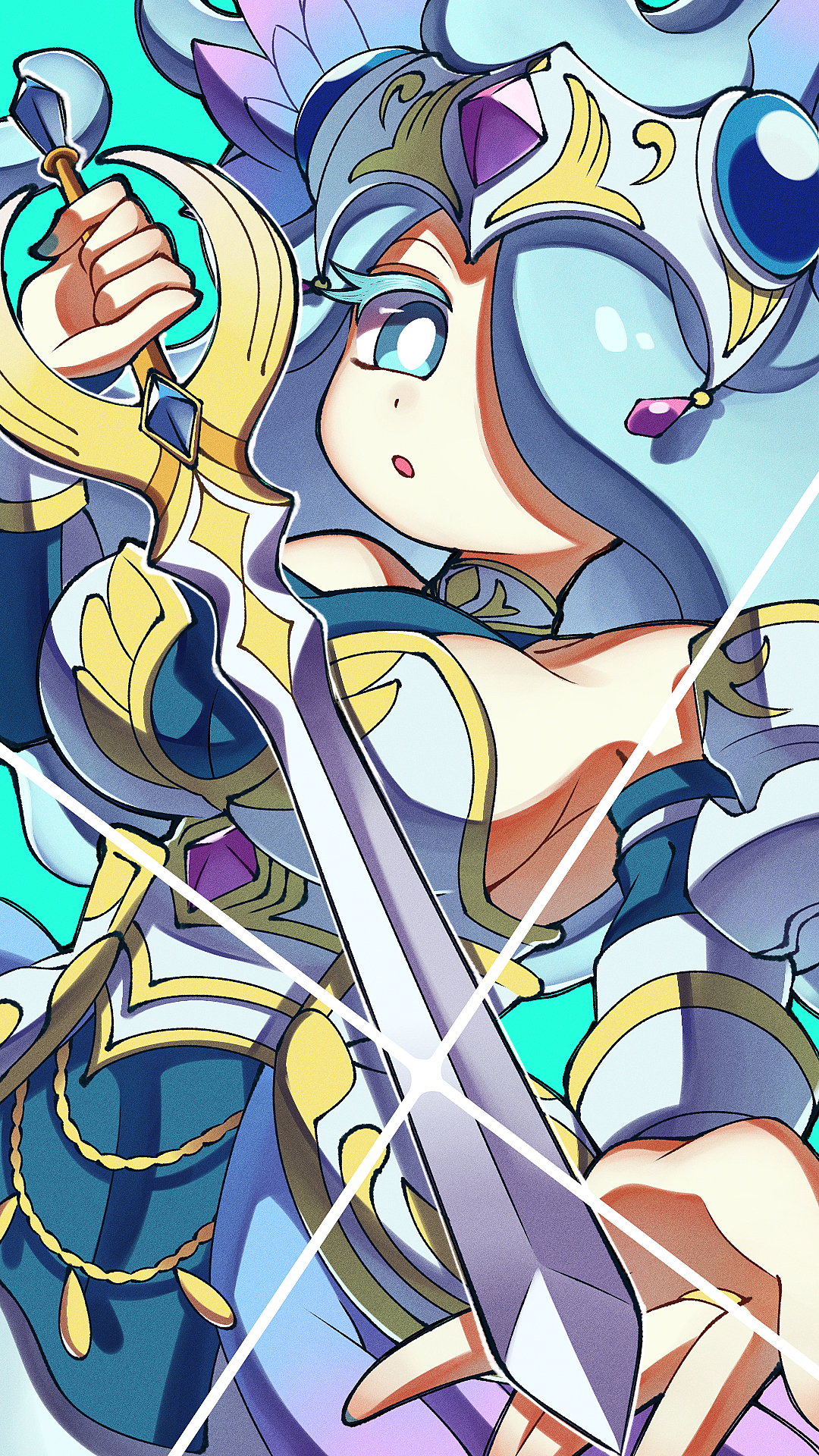 1girl aqua_background blue_eyes blue_hair breasts detached_sleeves enraenra_(youkai_watch) hair_over_one_eye highres holding holding_sword holding_weapon large_breasts long_hair looking_at_viewer pipiko. simple_background solo sword weapon youkai_watch