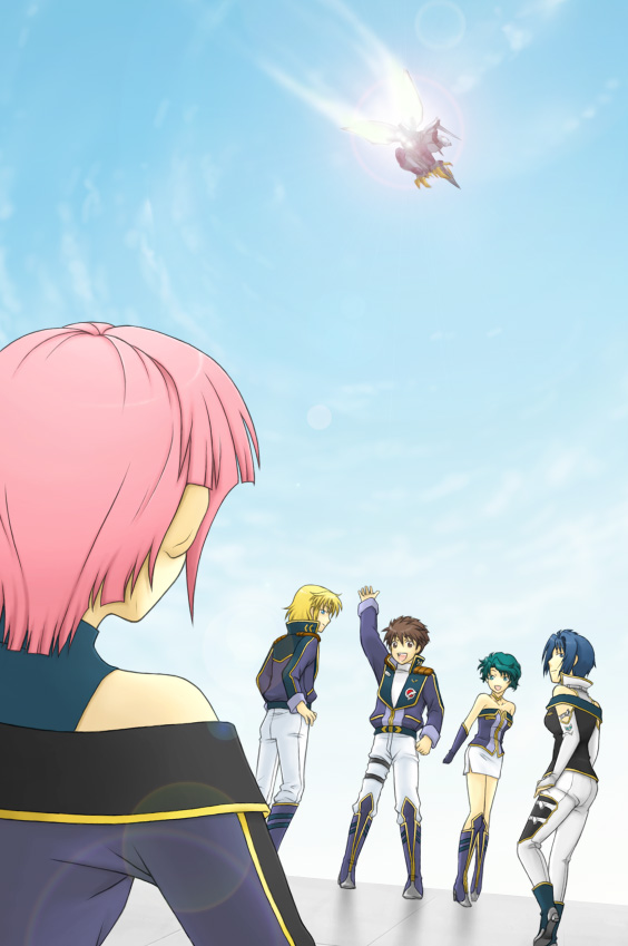 3girls aya_kobayashi bad_id bad_pixiv_id banpresto bare_shoulders blonde_hair blue_hair brown_hair cybuster elbow_gloves gloves green_hair happy hitsuji_gatsu lens_flare mai_kobayashi mecha mizuki_kaya multiple_girls raidese_f_branstein robot ryuusei_date smile super_robot_wars super_robot_wars_original_generation uniform viletta_badam viletta_vadim waving