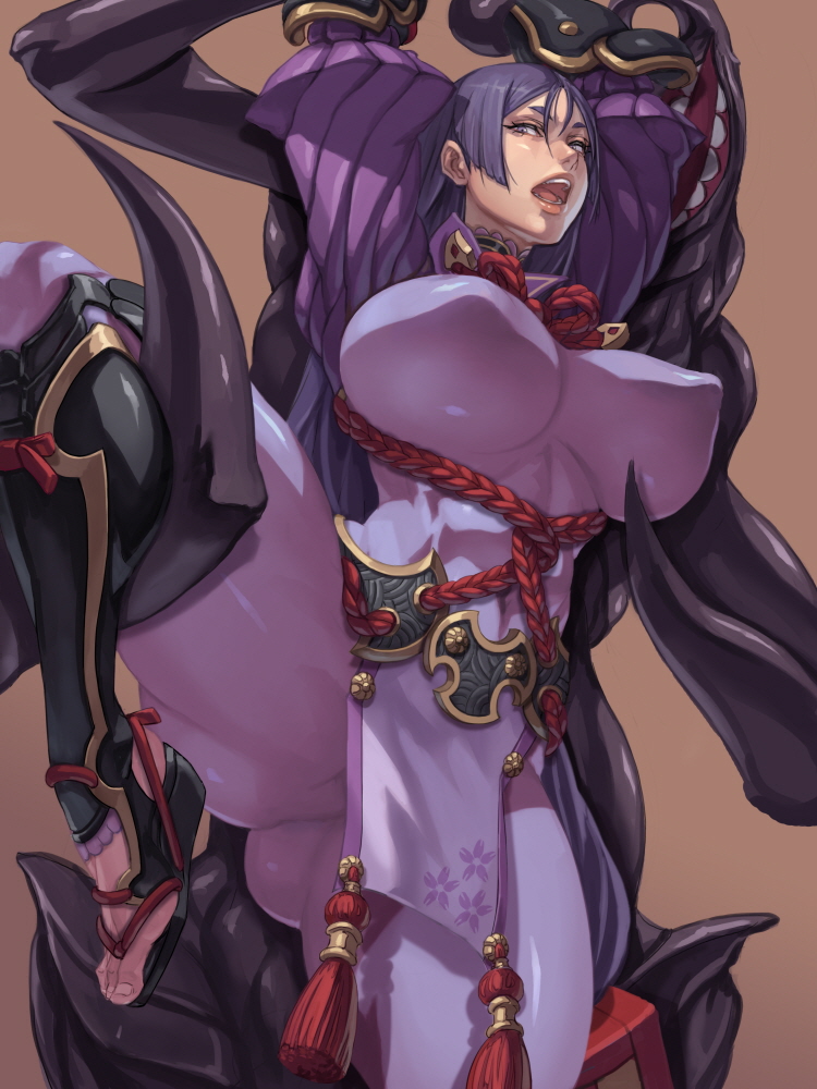 1girl arm_guards armor bodysuit breasts covered_navel fate/grand_order fate_(series) huge_breasts japanese_armor kote long_hair low-tied_long_hair minamoto_no_raikou_(fate) parted_bangs purple_bodysuit purple_eyes purple_hair ribbed_sleeves rope solo standing standing_on_one_leg tabard very_long_hair xxoom