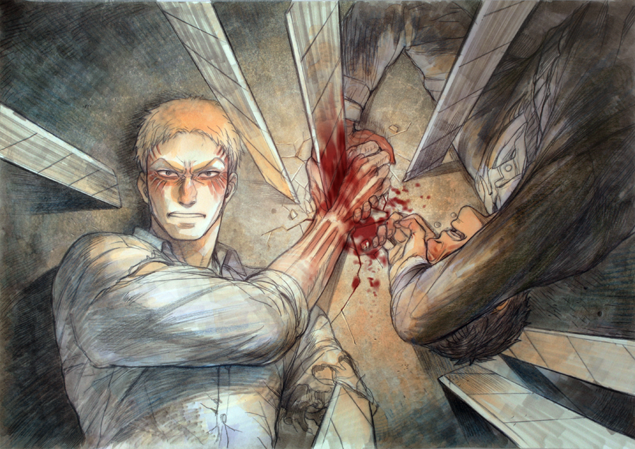 2boys bertolt_hoover blade blood blood_on_hands collared_shirt covering_own_eyes crying from_above frown holding_hands impaled looking_at_viewer male_focus multiple_boys prema-ja reiner_braun shingeki_no_kyojin shirt short_hair spoilers symbolism upper_body