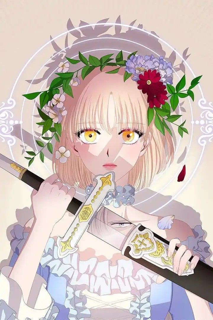1girl beige_background blonde_hair closed_mouth dress edna_(light_and_shadow) flower flower_on_head light_and_shadow long_hair looking_at_viewer serious sword weapon white_dress yellow_eyes